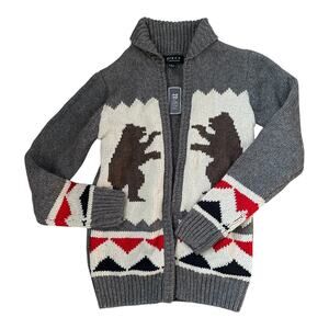 21 Men Mens XS heavy knit front zip cardigan sweater bear pattern gray chunky